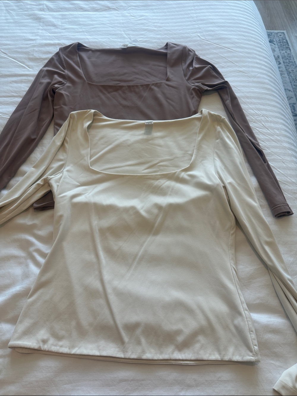 90 Degree By Reflex Long Sleeve Square Neck Tops in Cream and Brown